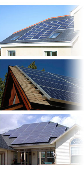 Examples of solar rooftops on homes. Recessed solar panels and panels sitting on roof. Some panels are perfectly lined up while others are not.